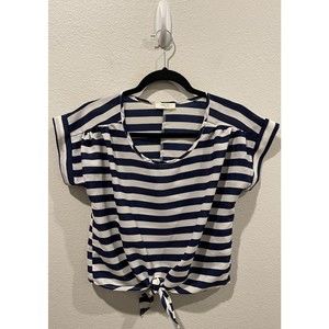 POETRY Navy Blue Antique White Striped Short Sleeve Blouse